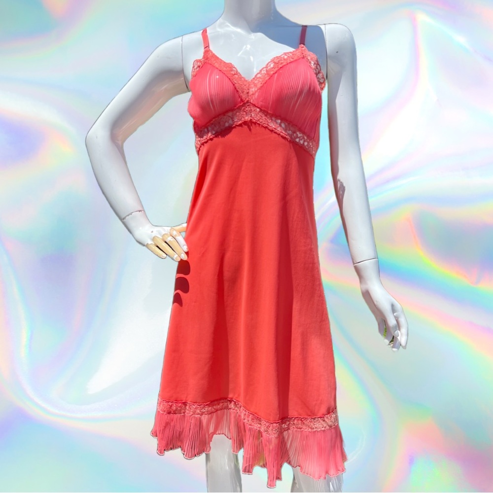 60s Coral Pleated Nylon Knee Length Slip
